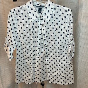 Karen Scott Navy and White Polka Dot Button-Front Top